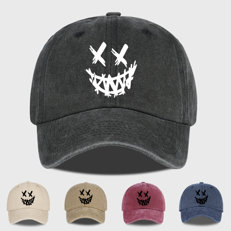 Quirky Street Fashion - Graffiti Cross-Eyed Grinning Face Print Washed