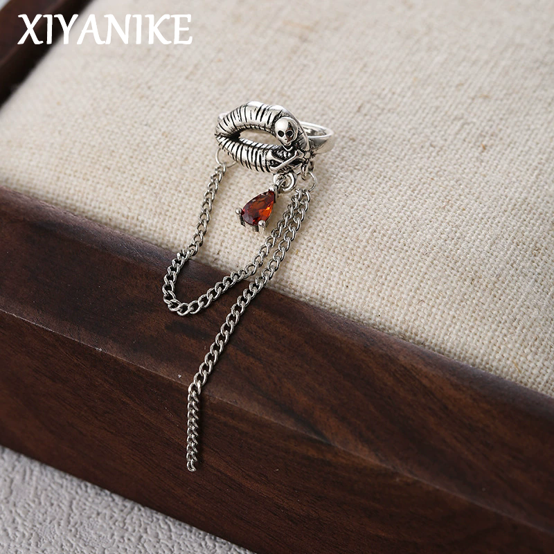 Street Fashion Earrings - XIYANIKE Goth Skull Chain Tassel Red