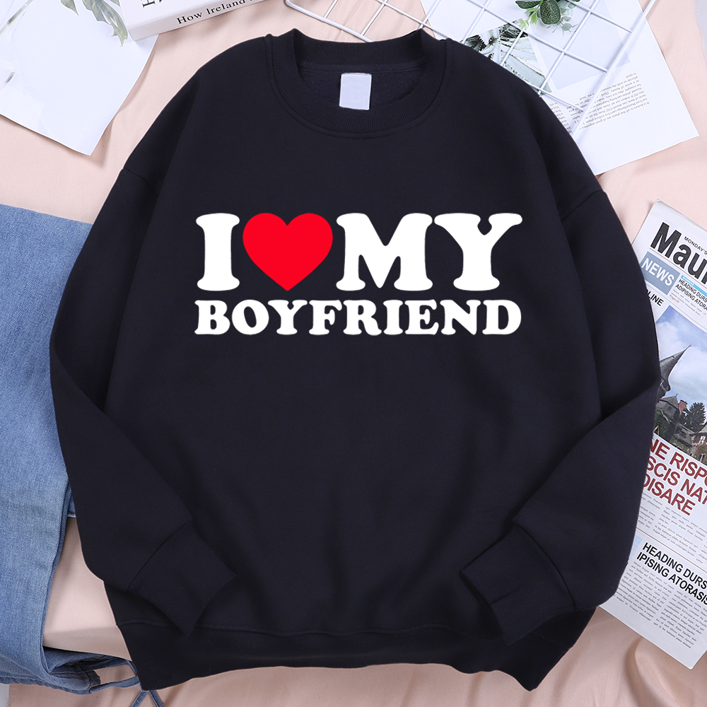 Oversized Crewneck Fleece - I Love My Boyfriend Letter Print
