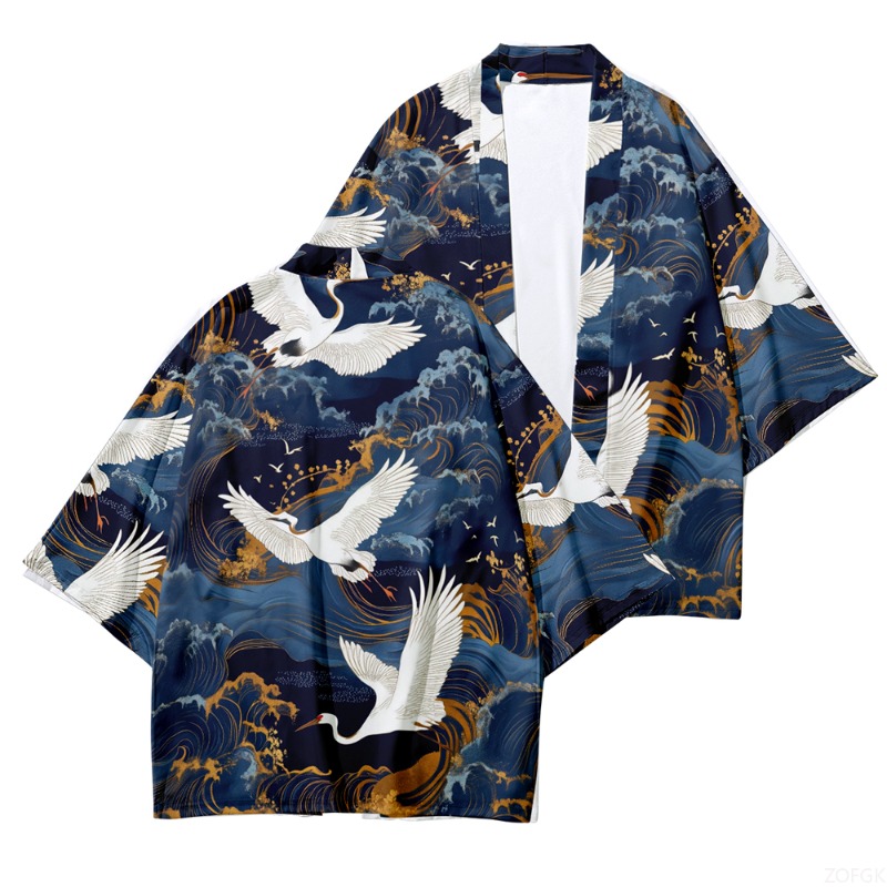Street Fashion Kimono - Summer Beach Fashion Crane Wave Printed